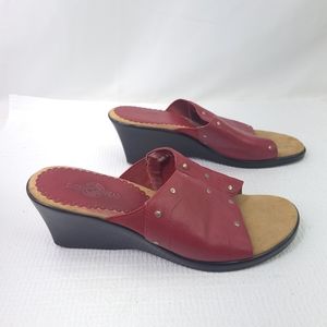 Duck Head Red Leather Wedge Heel Slip On Mules Open Toe Shoes Womens Size 6.5